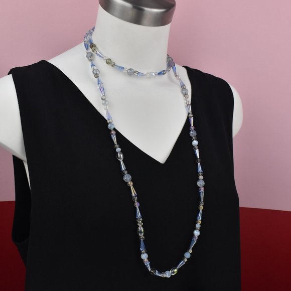 Extra long sky blue glass bead necklace, super long accent necklace - Picture 2 of 6